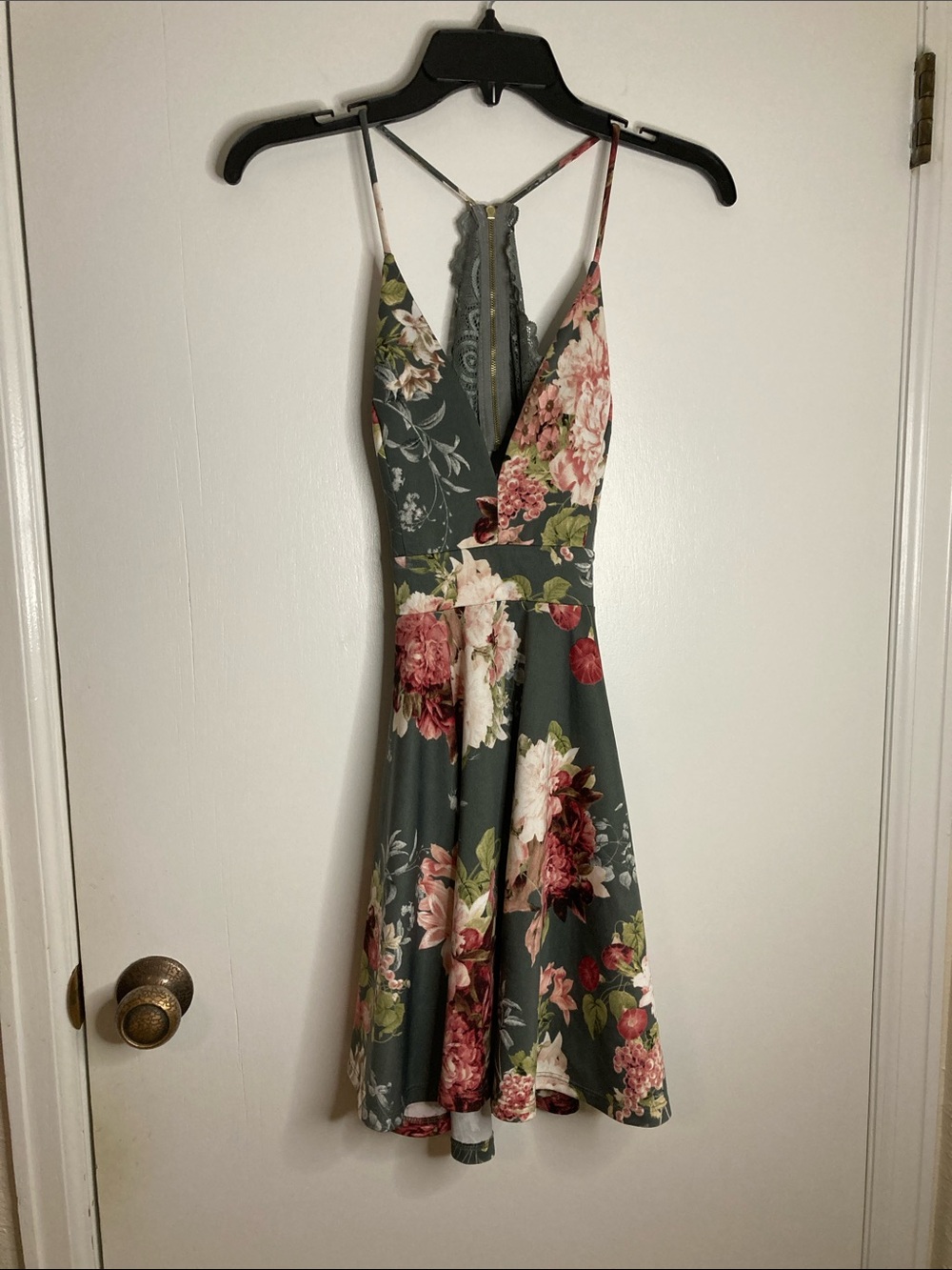 Windsor Olive Green Floral Lace-Back Spaghetti Strap Mini Dress